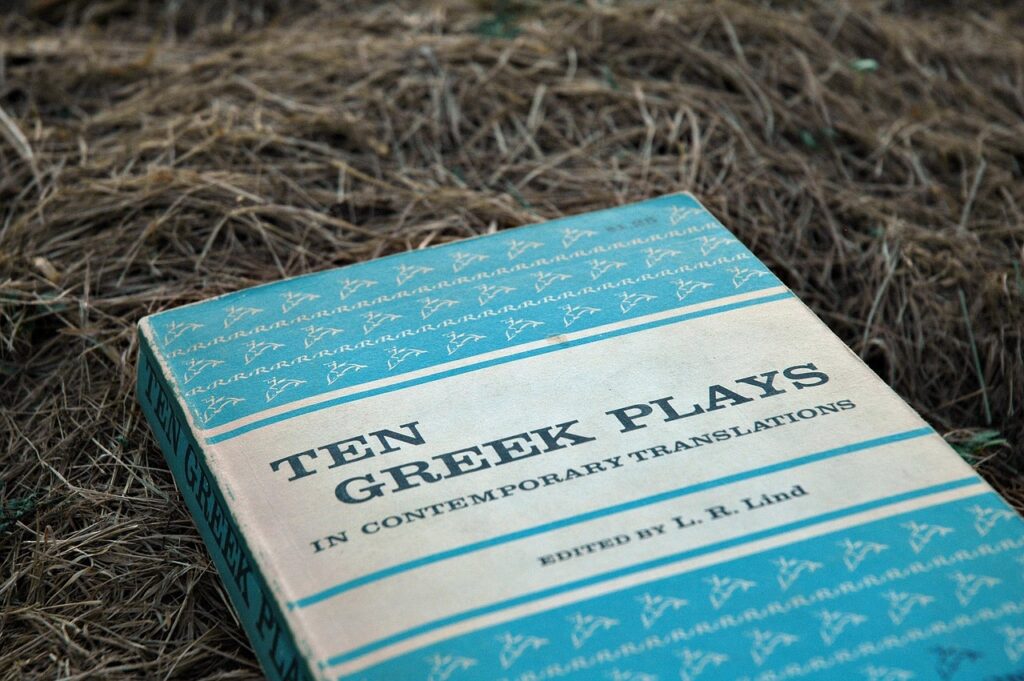 practice acting scripts in book, reading, plays, acting, theater, education, greek, greece, creativity, enjoyment, leisure, old books, drama