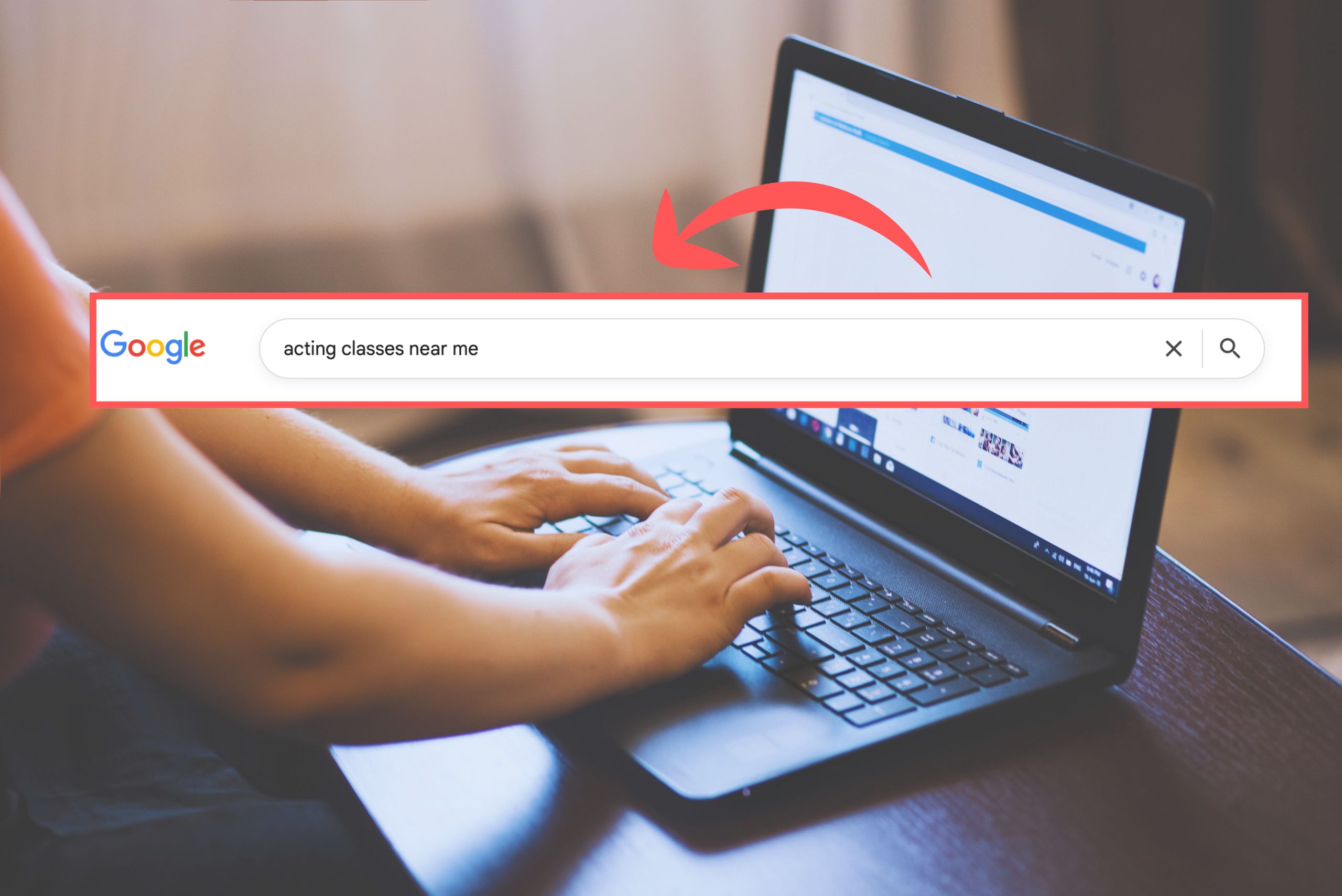 Actor on laptop searching 'acting classes near me' to find acting classes near you