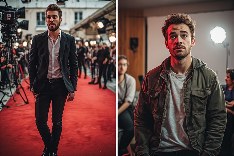 actor-on-red-carpet-audition split image of actor in acting class struggling on the right and on the left is image of same actor successful working actor on the red carpet and starting an acting career.