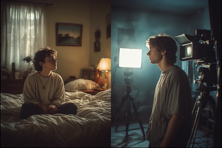 actor-starting-acting-career aspiring actor dreaming about starting an acting career and being on a movie set